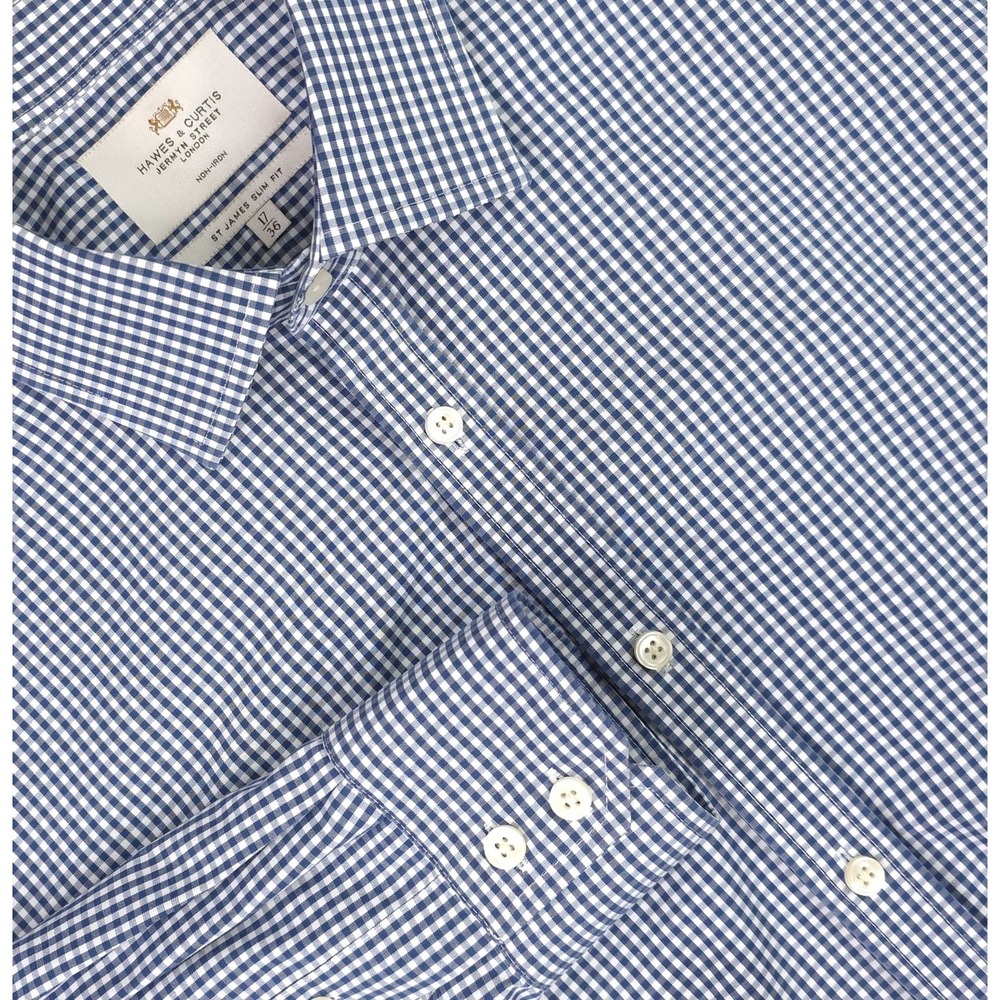 Hawes & Curtis Shirt Mens 17 36/37 Blue‎ Gingham Slim Fit Non Iron Dress Cotton